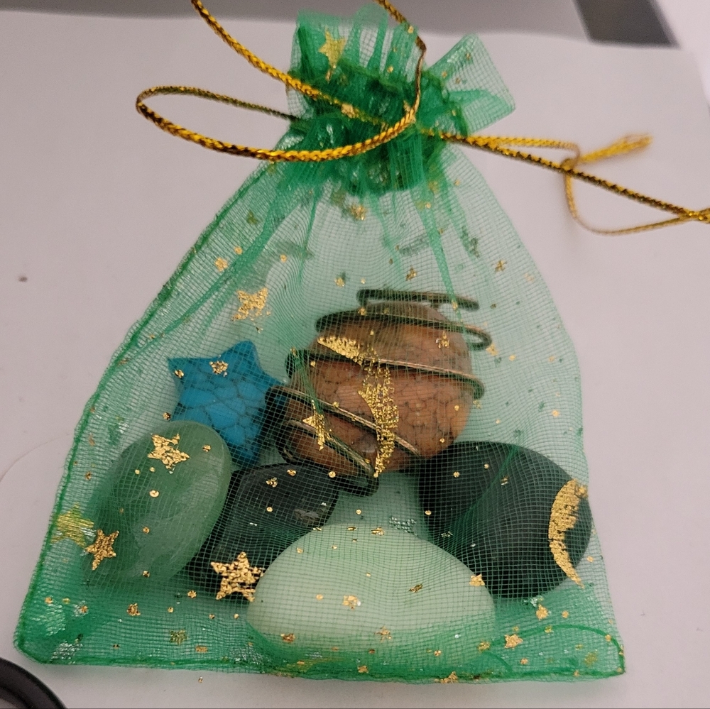 Decorative Green Organza Gift Bag with Assorted Stones